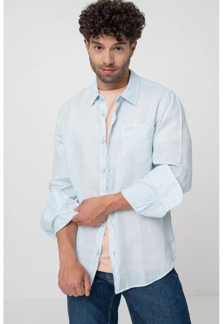 Ленена риза с джоб - Ледено синьо