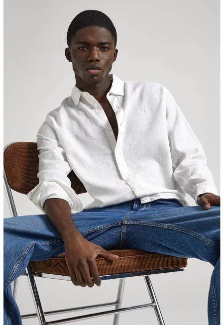 Ленена риза с лого - Бял