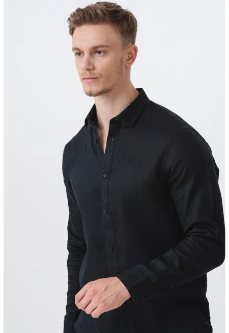 Ленена риза със стандартна кройка - Черен