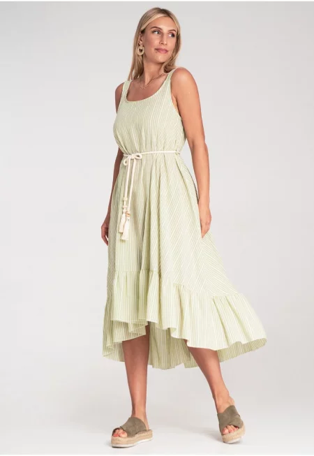 Лятна рокля -  с райета - тънки презрамки - зелена - лека материя - Един размер