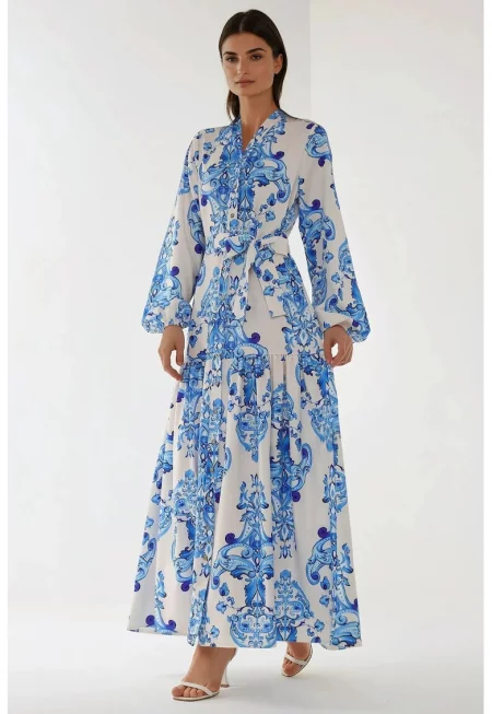 Макси рокля  дълъг ръкав - щампа - синя - памук - полиестер - ликра