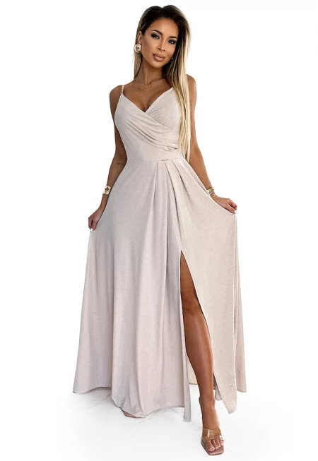 Макси рокля - Дълга - Елегантна - Бежово - брокат - С S цепка