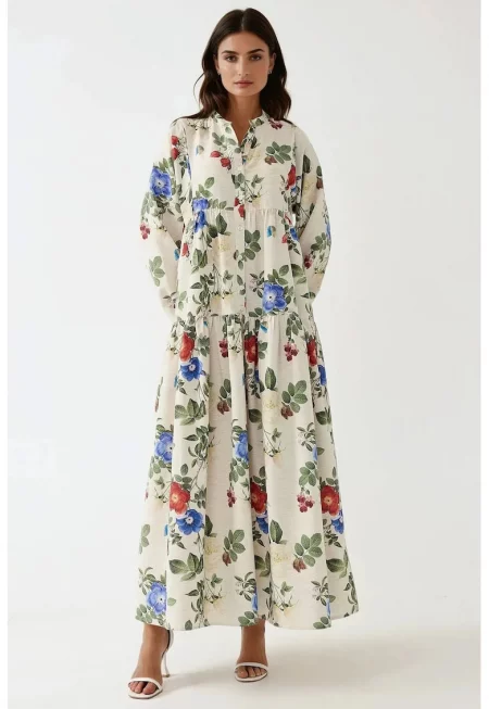 Макси рокля -  флорален принт - многоцветна - ленена