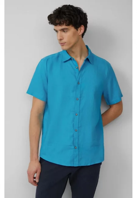 Мъжка лека риза с къс ръкав  100% лен - Regular fit - тюркоазено сива