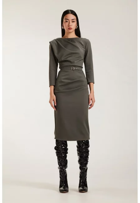 Миди рокля с драпиране - Tъмносив