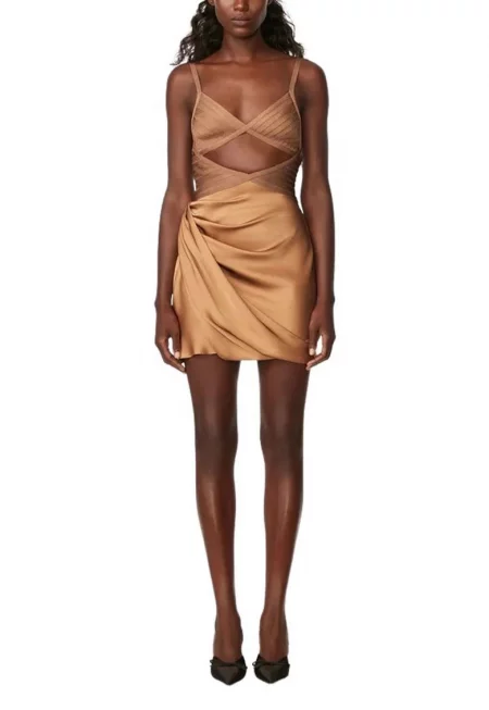 Официална мини рокля с бюстие от бандаж и изтънчен копринен драпеж - Кафяв