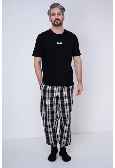 Памучна пижама на каре и лого - Бял/Кафяв/Черен