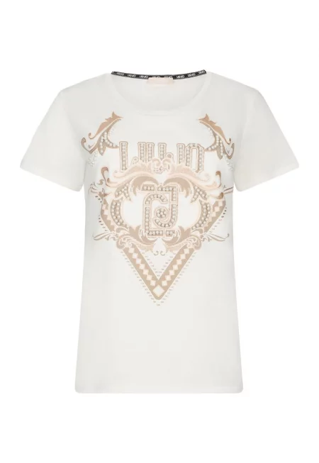 Памучна тениска с принт - Бял