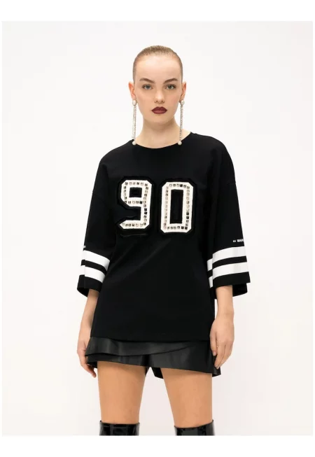 Памучна тениска с разкроени ръкави - Черен