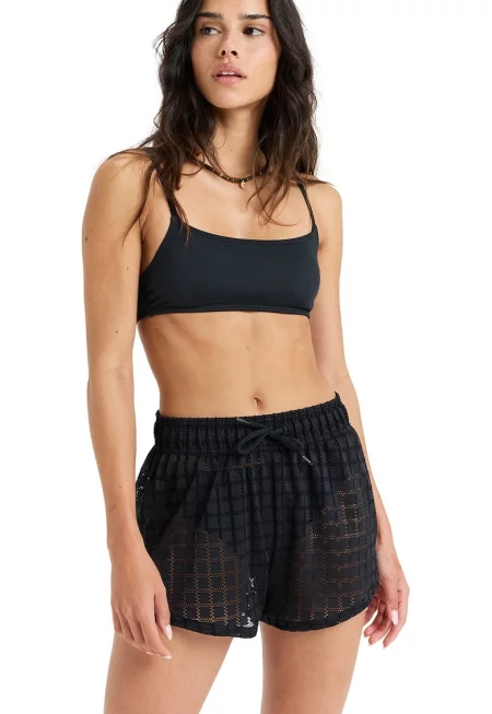 Памучни плажни шорти с връзка - Черен