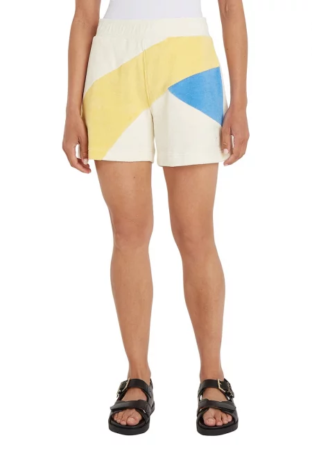 Памучни шорти с еластична талия - Бял/Жълт/Син