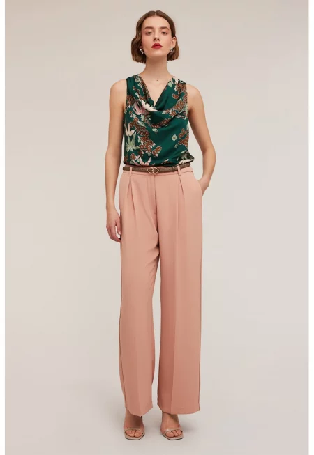 Панталон с висока талия и басти - Прашно розово