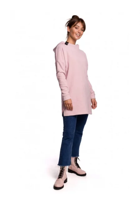 Плетен пуловер със заоблен подгъв - памук/полиестер - бледорозов - 2XL/3XL