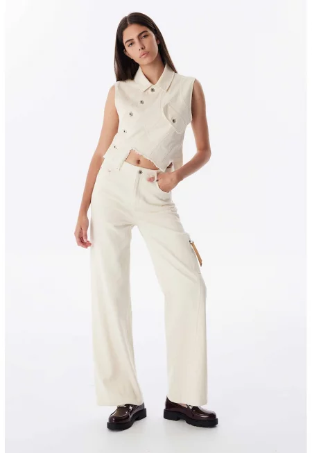 Прави дънки с висока талия - Крем