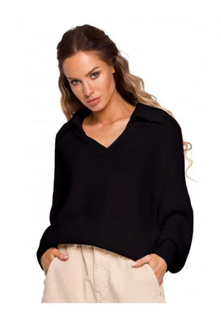 Пуловер  V-образно деколте - акрил - найлон - черен