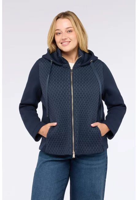 Релефно капитонирано яке с качулка - Тъмносин