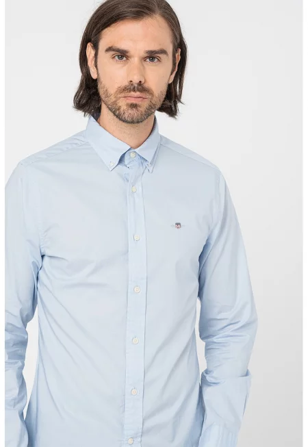 Риза по тялото с копчета на яката - Светлосин