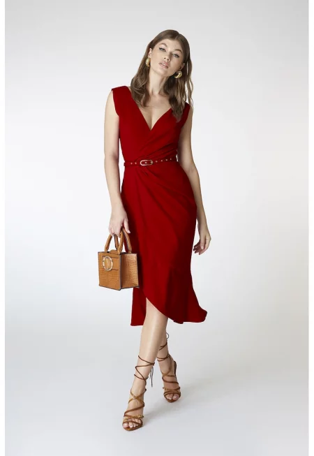 Рокля Fame със застъпен дизайн - Тъмночервен