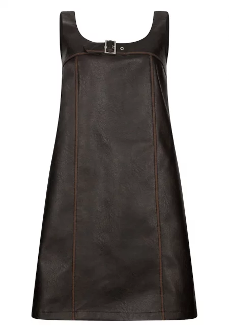 Рокля от еко кожа с джобове - Тъмнокафяв