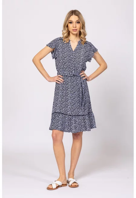 Рокля с принт и колан - Бял/Тъмносин