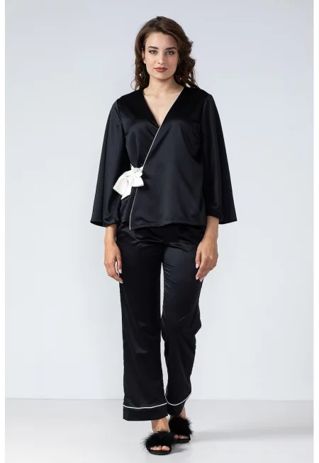 Сатинирана пижама със застъпен дизайн - Черен