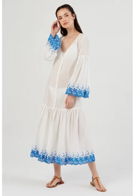 Шпиц рокля с бродерия - Бял/Кралско Синьо