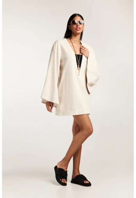 Шпиц рокля с лен - Светло бежово