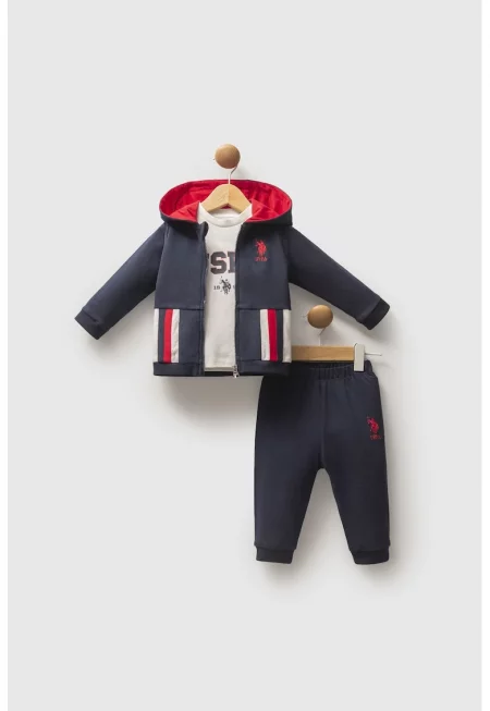 Спортен екип с цип и блуза - 3 части - Червен/Мръснобял/Тъмносин