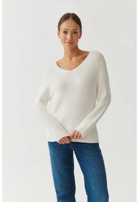Свободен фино плетен пуловер - Бял