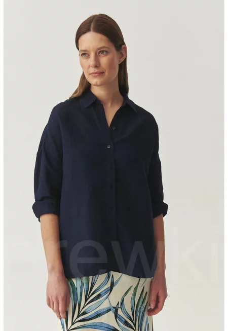 Свободна риза с лен с остра яка - Ултрамарин синьо