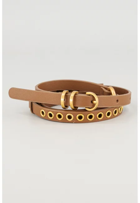 Тънък кожен колан с метални детайли - Карамел