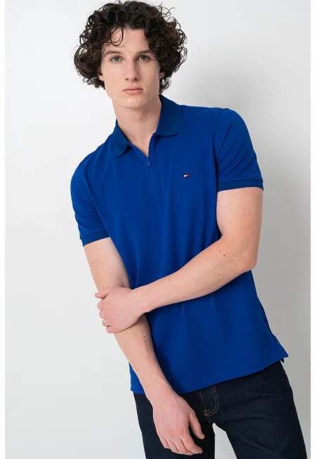 Тениска с къс цип и яка - Кралско Синьо