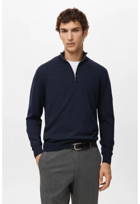 Вълнен пуловер с цип - Ултрамарин синьо