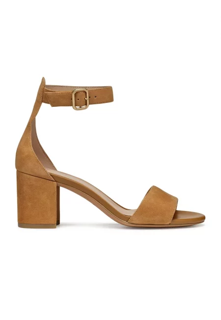 Велурени сандали с ток и каишки с тока - Карамел