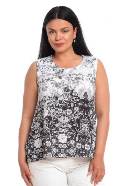 888140593-Дамска блуза без ръкави черно-бяла с флорален принт
