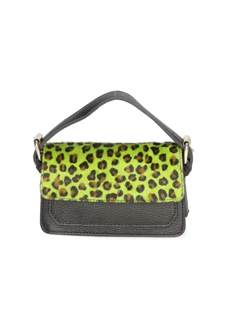 Чанта през рамо от кожа и кожа с косъм - Зелен/Избеляло черно