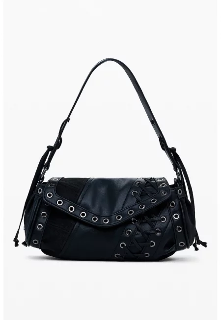 Чанта за рамо от еко кожа с метални илици - Черен