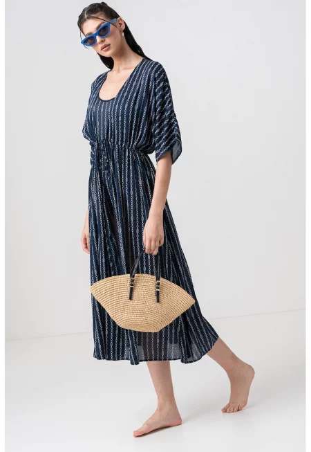 Ефирно плажно кимоно - Бял/Тъмносин