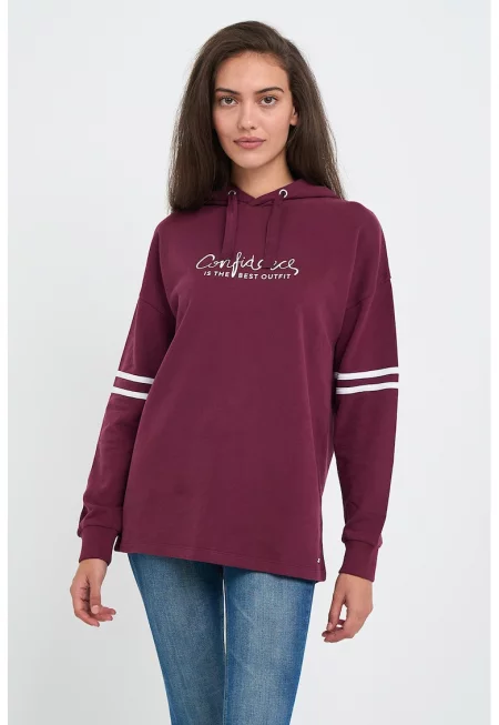 Худи от памук с надпис и паднали ръкави - Бял/Тъмновиолетов