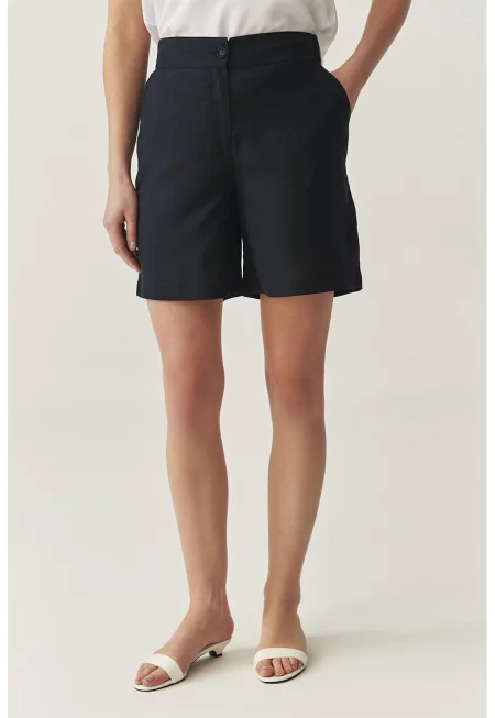 Къс панталон от лен и лиосел с джобове - Черен