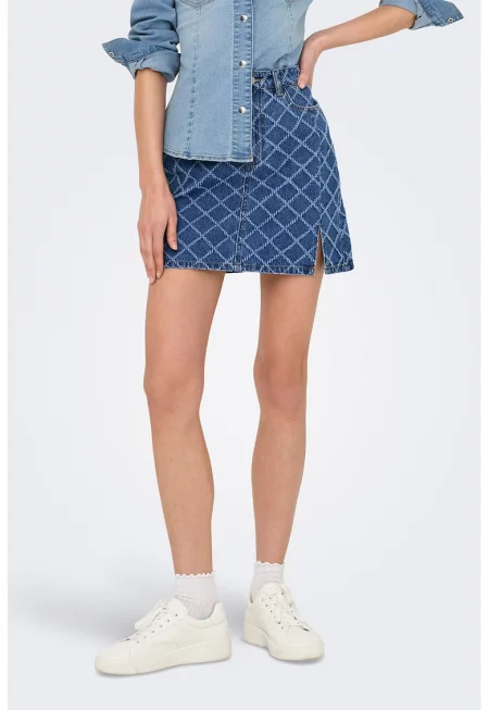 Къса пола от деним с цепка на подгъва - Тъмносин