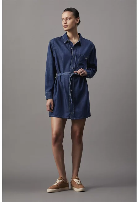 Къса рокля тип риза с лиосел с дълги ръкави - Петролно синьо