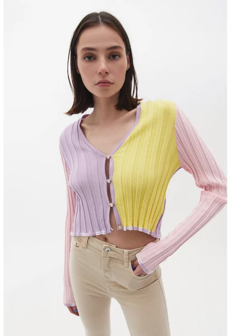 Къса жилетка в цветен блок с шпиц