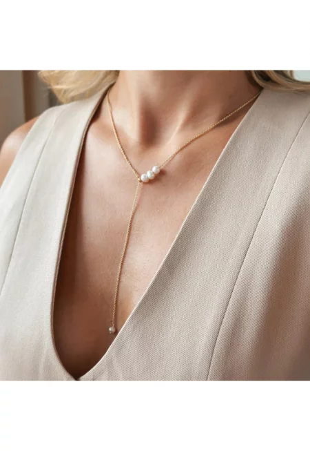 Колие Golden Lariat - регулируемо - култивирани перли - сребрист