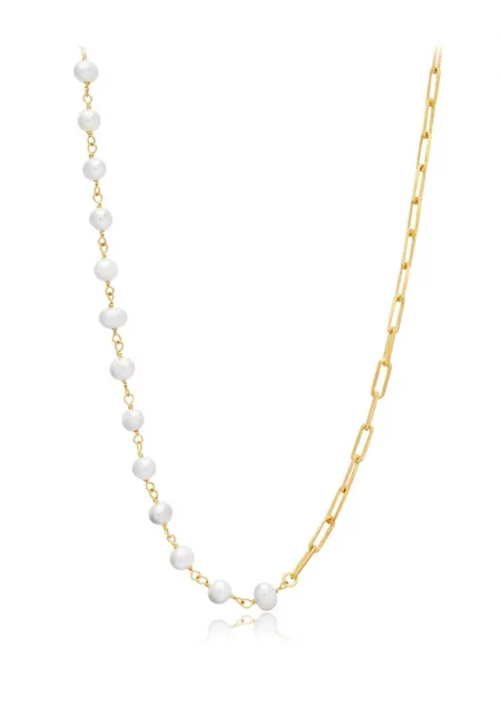 Колие от сребро с перла - Бял/Златист