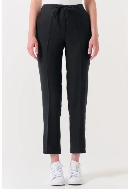 Ленен панталон с висока талия - Черен