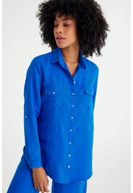 Ленена риза с джобове - Кралско Синьо