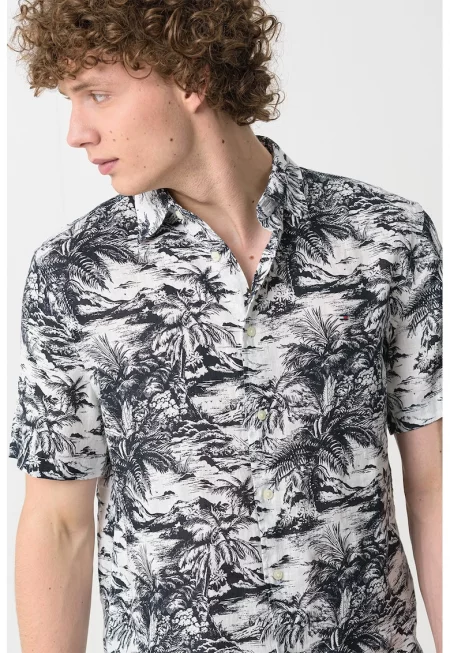 Ленена риза с принт - Мръснобял/Тъмносин