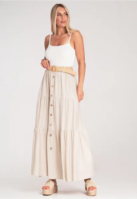 Макси пола  бежова - памучна - с копчета и волани - висока талия - декоративен колан - SM