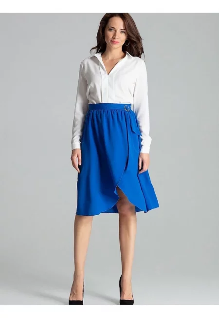 Миди пола - Ленитиф - синя - плисирана талия - страничен цип - колан със златна катарама